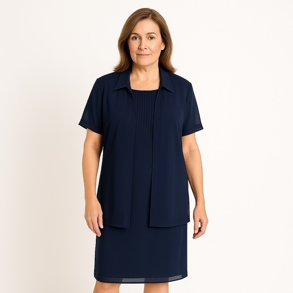 STUDIO I Petite Navy Blue 2-Piece Dress & Jacket Set Size 14P